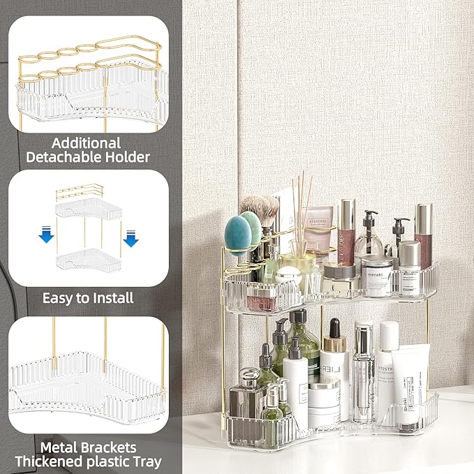 Makeup Organizer Countertop 2 Tier, Corner Bathroom Countertop Organizer with Toothbrush and Makeup Brush Holder, Corner Vani