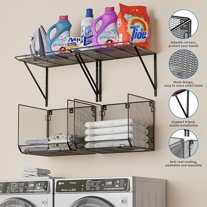 2 Pack Laundry Room Shelves Organization and Storage,Wall Mounted Clothes Drying Rack with Wire Mesh Basket Over Washer and D