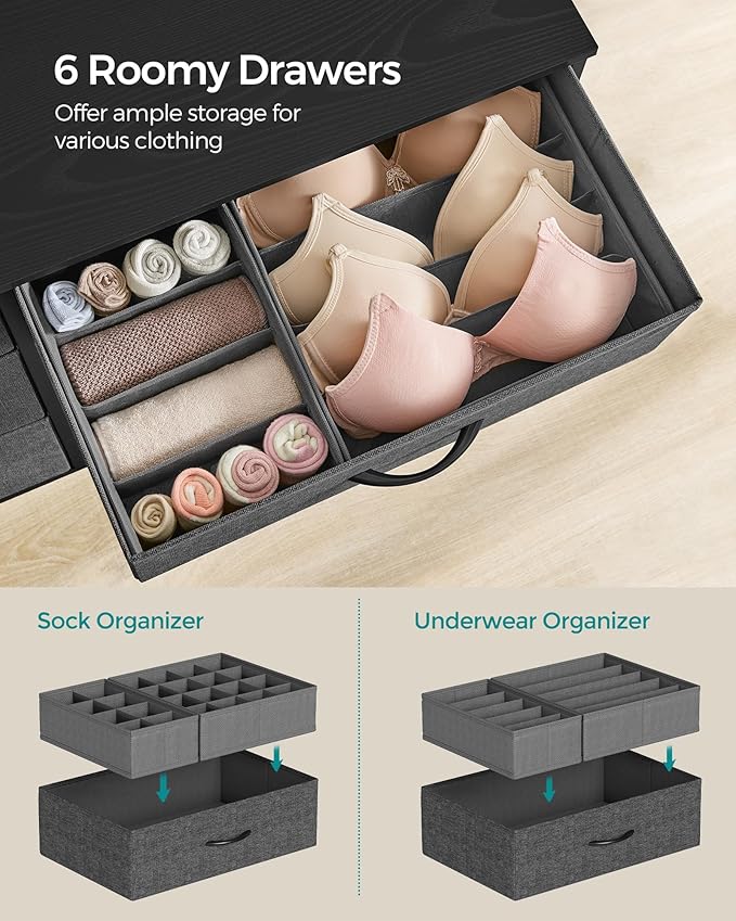SONGMICS 6-Drawer Dresser for Bedroom, Chest of Drawers with Side Pockets, Drawer Dividers, Fabric Storage Organizer for Clos