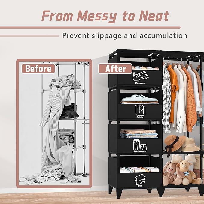 Portable Closet, Easy Assembly, Large Capacity Wardrobe Closet, Sturdy and Stable Clothes Rack with Shelves 4 Storage Baskets