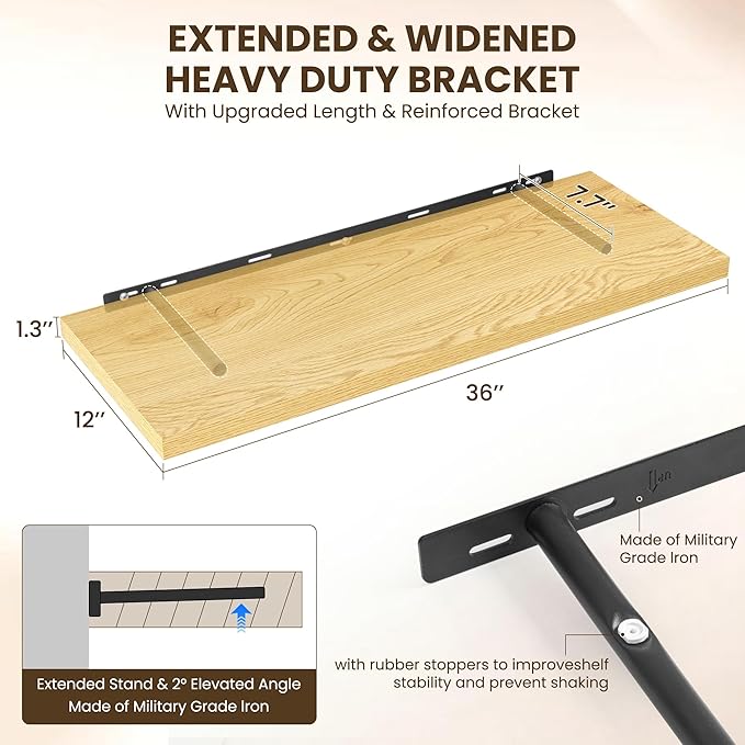 Dreamland 36" Floating Shelves for Wall, 12" Deep Slim Oak Floating Shelves, Wall-Mounted Shelves for Bedroom, Living Room, K