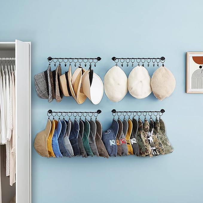 Hat Rack Wall Cap Organizer - Baseball Hat Racks Display Holder with 40 Hooks - Modern Metal Black Hats Storage Wall Mounted 