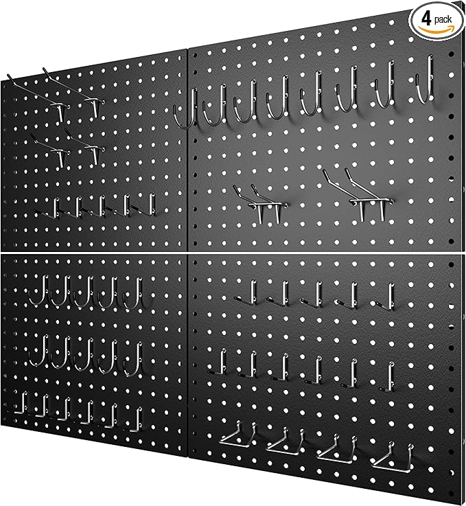 4 Pack Metal Pegboard Panels with 50 Hooks, Black Pegboard Wall Organizer, Pegboard Accessories, Heavy Duty Garage Tool Stora