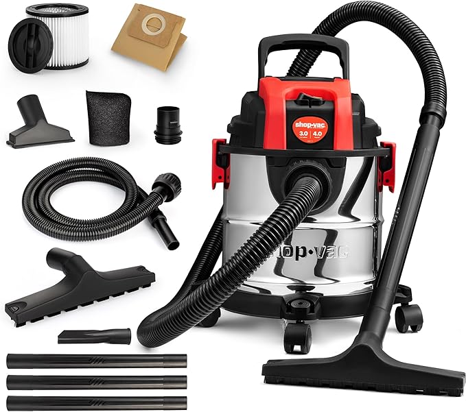 Shop-Vac 3 Gallon 4.0 HP Wet/Dry Vacuum with Blower Function, Stainless Steel Tank, Portable Shop Vacuum with Wheels, Include
