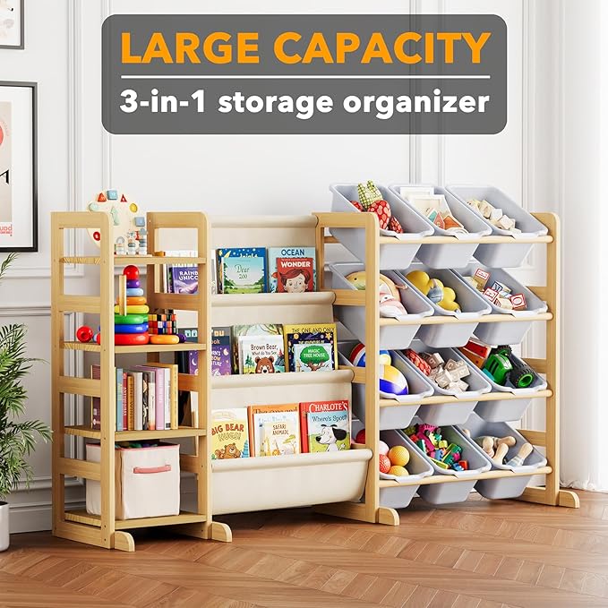 SpaceAid 3-in-1 Toy Storage Organizer with 4 Shelves and 12 Bins, Toy Organizers Storage 3-Tier Bookshelf, Kids Bin Shelf Box