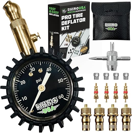 Rhino USA Adjustable Tire Deflators with Gauge (0-60psi) Calibrated & Automatic Tire Air Down Tool - Large 2" Easy Read Glow Dial & Solid Brass Hardware - Best Offroad Deflator for Jeep, Truck or ATV