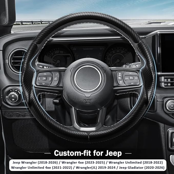3-Piece Carbon Fiber Steering Wheel Cover, Custom Fit for Jeep Wrangler 2018-2026 Gladiator 2020-2026,Quick Install Ultra-Thin & Non-Slip,Interior Car Accessories for Men Women(Matte Black)