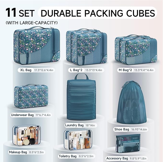 11 Set Packing Cubes for Travel,Gifts for Women Mom Kids,TSA Approved Bags for Makeup,Cosmetic,Toiletry, Suitcase Organizers 