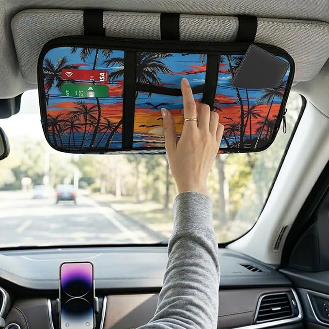 Coconut Tree Zippered Clip on Sun Visor Organizer for Car with Picture Holder Car Sun Visor Glasses Storage Box with Straps and Pockets Easy Installation Universal Fit for Most Cars SUV