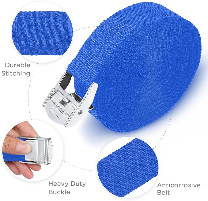 Riakrum 15 Pack 16 Feet Lashing Straps Adjustable Kayaks Tie Down Cam Buckle Straps with Buckles up to 250lbs for Cargo, Luggage, Motorcycles, Truck, Car Roof Rack, Sup Surfboard(Blue)