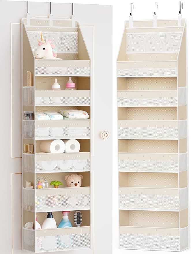Criusia Over the Door Organizer, 6-Shelf Closet Hanging Storage with 13 Mesh Pockets, 55lbs Capacity Behind the Door Storage 