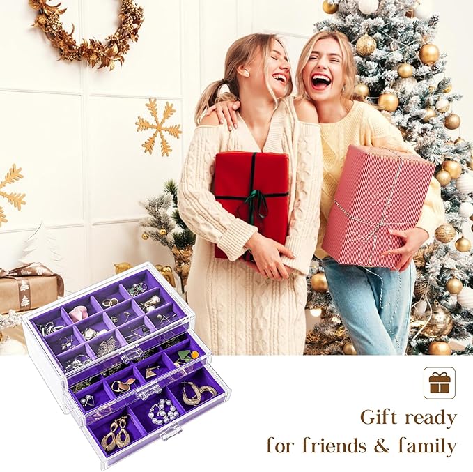 ProCase Earring Holder Organizer Jewelry Box with 3 Drawers, Acrylic Clear Earring Case with Adjustable Velvet Trays for Wome