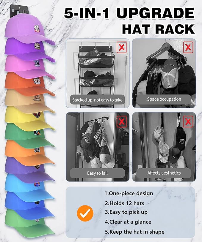 Hat Organizer for Baseball Caps, 2 Packs Hat Rack, Baseball Cap Organizer With Strong Adhesive/Wall Drilled for up to 24 Hats