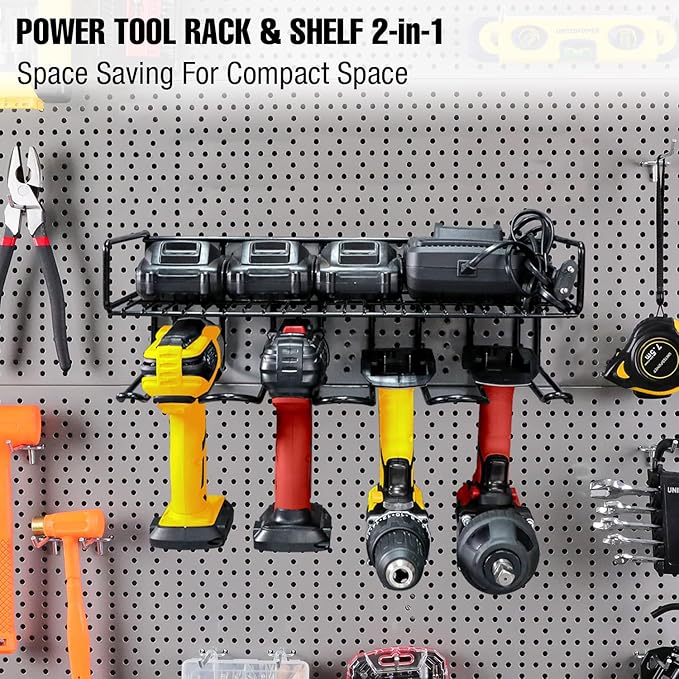 UNITEDPOWER Wall Mounted Power Tool Organizer Holder, Heavy Duty Utility Storage Rack With Shelf for Battery Powered Hand Too