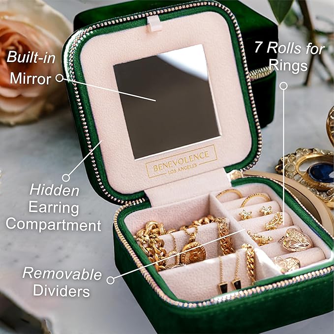 Benevolence LA Plush Velvet Jewelry Box | Travel Jewelry Case Organizer with Mirror | Featured in Oprah's Favorite Things | B