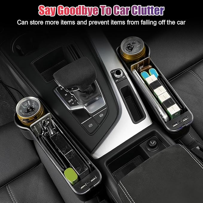 2PCS LED Car Seat Gaps Filler Organizer,Front Seat Gaps Filler, Car Seat Organizer with Ambient Light, USB Charger for Multifunction Storage Box for Holding Phone, Sunglasses