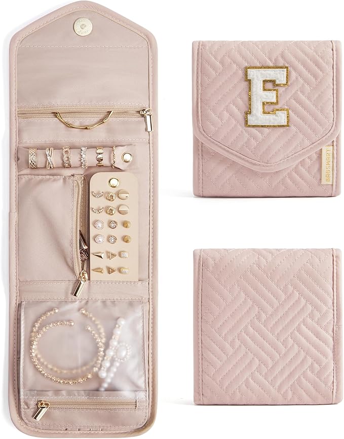 BAGSMART Travel Jewelry Organizer Case E Initial Foldable Jewelry Roll for Journey Rings, Necklaces, Earrings, Bracelets,Mini