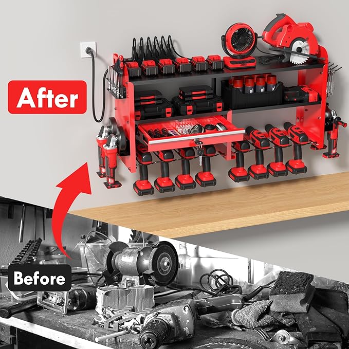 KSVO Power Tool Organizer Wall Mount with Drill Rack, Grinder Holder, Hammer & Pliers Rack, Locking Drawers, 6-Outlet Chargin