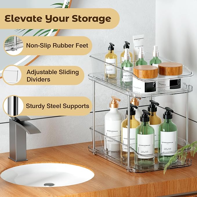 Incostar 2 Tier Pull-Out Organizer for Bathroom Kitchen, Under Sink Storage with Dividers, Ideal for Cabinet, Cupboard Organi