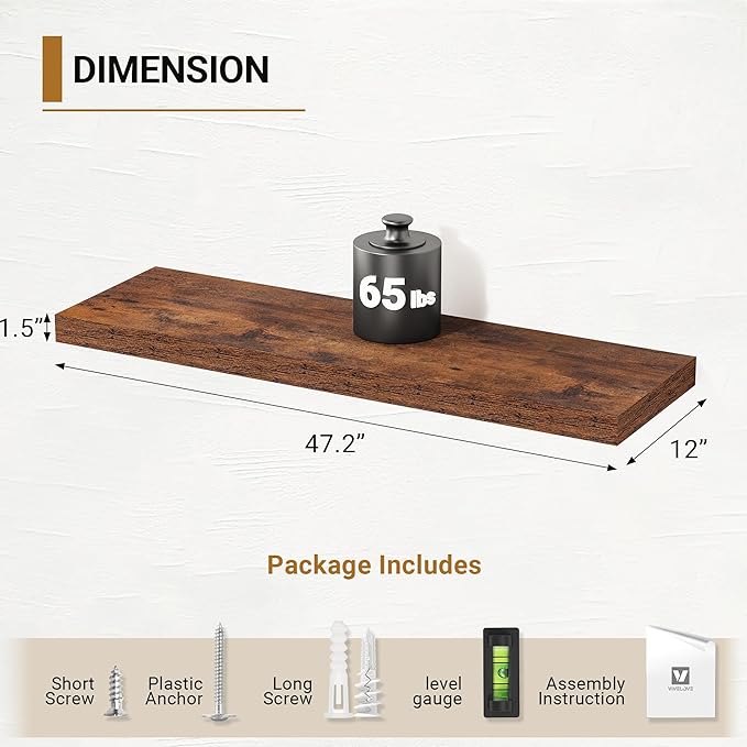 Vivelove 12 Inch Deep Floating Shelves for Wall, 47.2x12 Shelves with Invisible Brackets, for Living Room Bedroom Bathroom, F