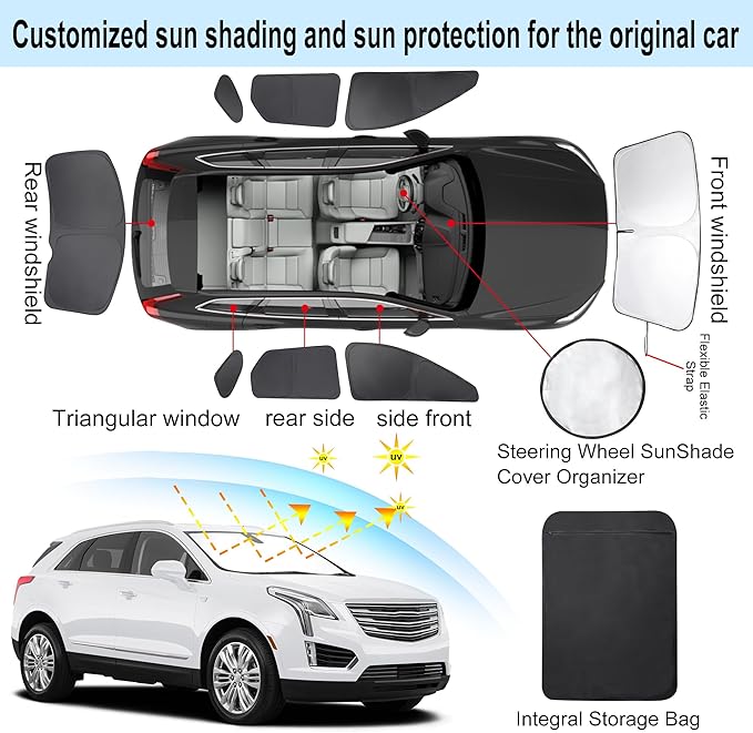 TINGLU Window Shades 8PCS for Cadillac XT5 2017-2026 Accessories Side Full Windows Cover Camping Rear Triangular Windshield Sun Shade Sun UV Rays Privacy Protection