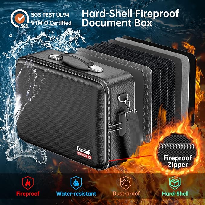 DocSafe Fireproof Document Box with Lock＆Shoulder Strap, Hard-Shell Case File Organizer with Accordion File Folder, Multi-Lay