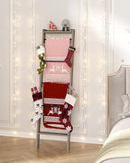 Hzuaneri Blanket Ladder Shelf, Decorative Quilt Rack, 6-Tier Farmhouse Ladder Holder Organizer with 4 Removable Hooks 7.9" D 