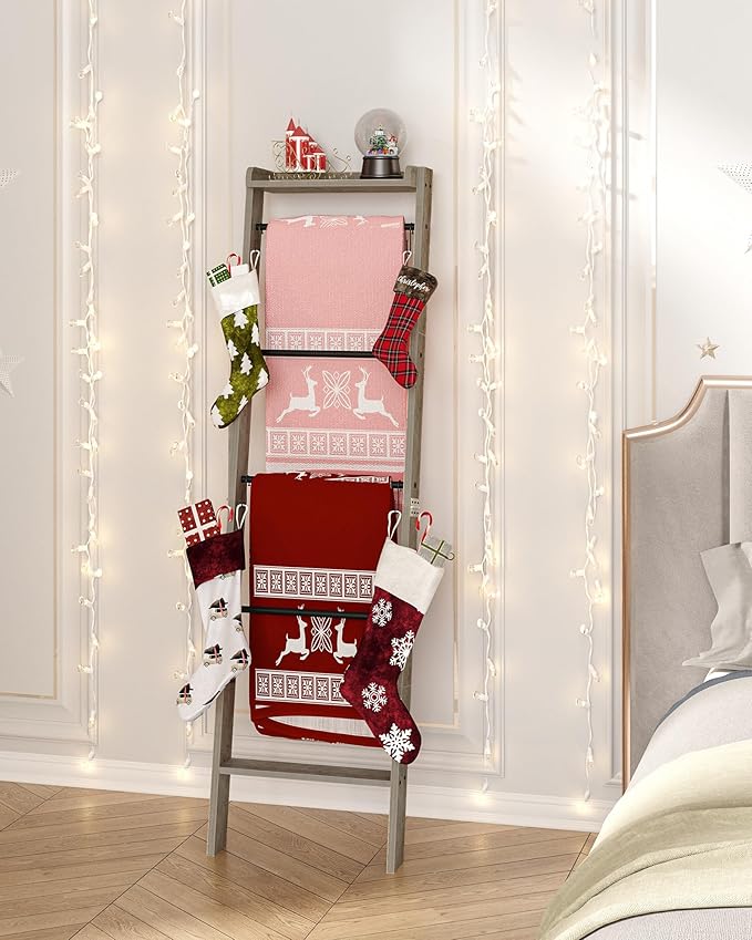 Hzuaneri Blanket Ladder Shelf, Decorative Quilt Rack, 6-Tier Farmhouse Ladder Holder Organizer with 4 Removable Hooks 7.9" D 