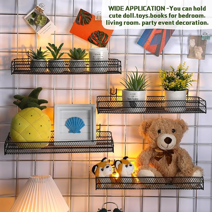 4 Pcs Black Metal Grid Wall Baskets with Hooks Hanging Wire Mesh Basket for Gridwall Wall Mounted Storage Organizer for Home 