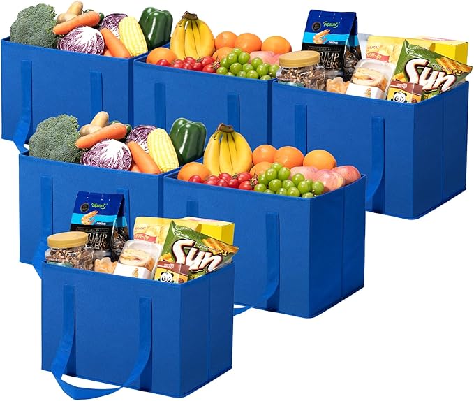 Lifewit Reusable Grocery Bags, Heavy Duty Foldable Shopping Bags with Reinforced Handles, Extra Large Utility Tote Stay Open, Sturdy Standing Carry Box for Kitchen, Car Trunk, 24L Blue, 6 Packs