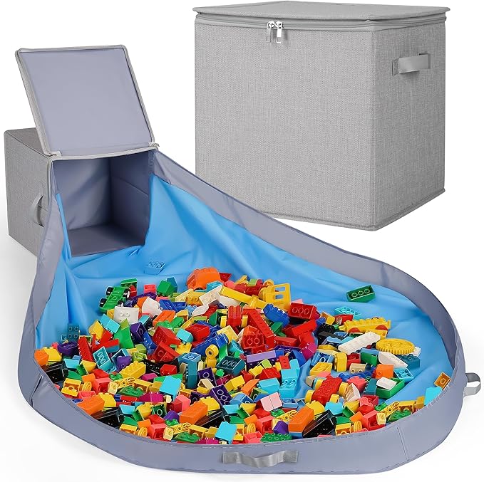 SAM AND MABEL Toy Storage Basket and Play Mat – 13" x 13" x 13" Stackable and Collapsible Cubby Box Organizers for Kids Playr