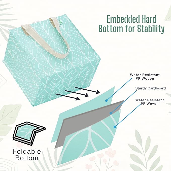 VENO 4 Pack Reusable Grocery Shopping Bags, Heavy-Duty Tote Bags with Handles, for Shopping Cart with Hard Bottom to Stand Upright, Foldable (Evergreen, 4 Pack)
