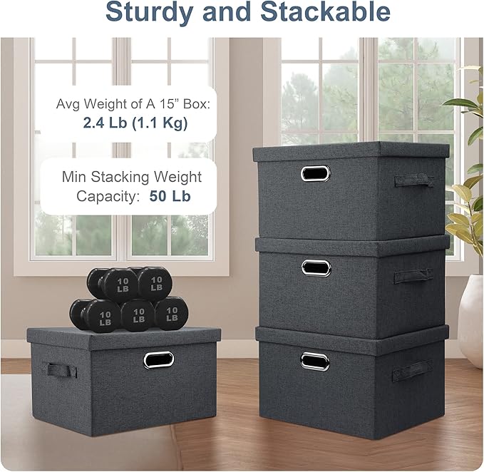 Graciadeco Medium 15" 21 Quart Collapsible Stackable Storage Bins with Lids, 5 Packs Dark Gray Foldable Fabric Closet Storage