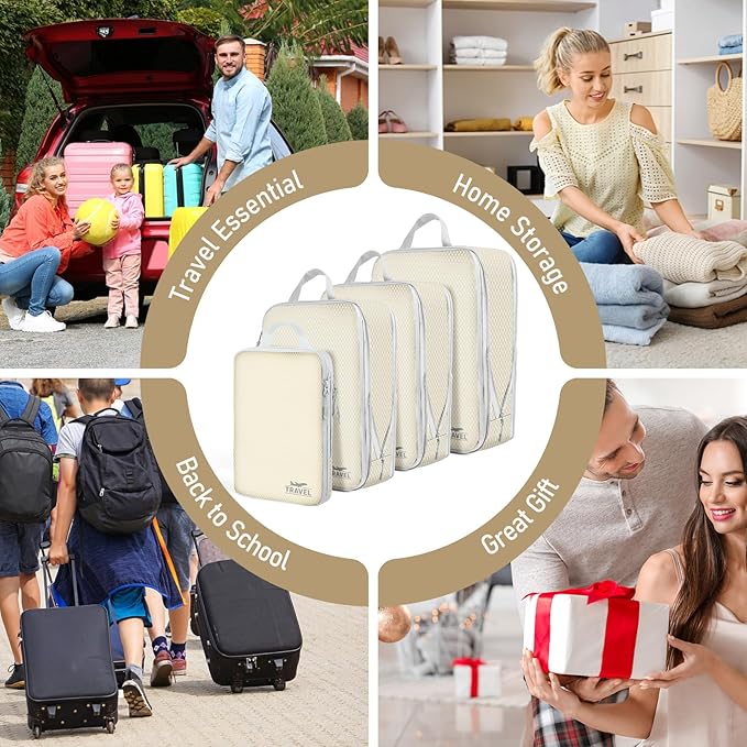 4 Set Compression Packing Cubes, Suitcase Organizer, Lightweight Travel Essentials, Compression Bags For Travel Accessories L