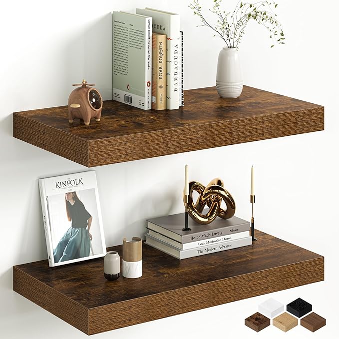 Fun Memories 12 Inch Deep Floating Shelf, 24 x 12 Rustic Wood Wall Shelf for Books, 2" Thick Deep Floating Shelf for Storage 