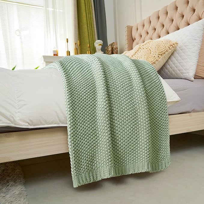 Chunky Cable Knit Throw Blanket Lightweight Light Green 100% Organic Cotton Blanket for Sofa Couch Bed Baby Nursery, Rustic S