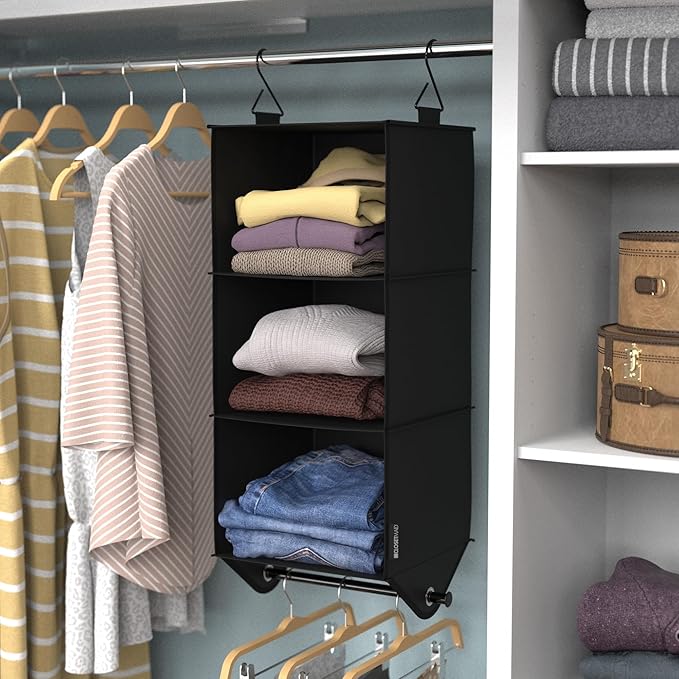 ClosetMaid 3-Shelf Fabric Hanging Closet Organizer with Garment Rod for Shirts, Sweaters, Pants, Hats, Shoes, Purses with Cha