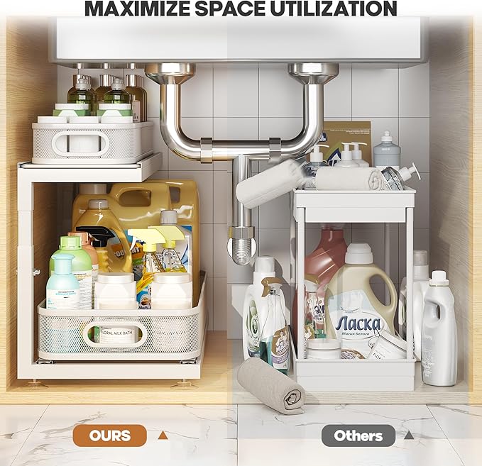 2-Pack 21.3 IN Depth Under Sink Organizer With Next-Gen Ball-Bearing Slides,Sophisticated Mesh 2-Tier Pull Out Shelf for Kitc