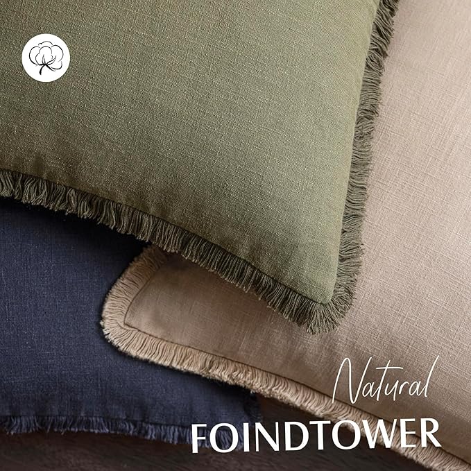 Foindtower Set of 2 Decorative Linen Fringe Throw Pillow Covers Boho Farmhouse Cushion Cover with Tassels Accent Pillowcase f