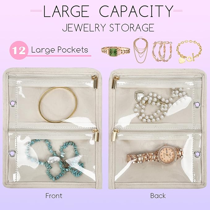 Travel Jewelry Organizer Case,Small Jewelry Bags for Traveling, Jewelry Binder with 24 Pcs Clear Zipper Velvet Pouches (Inner