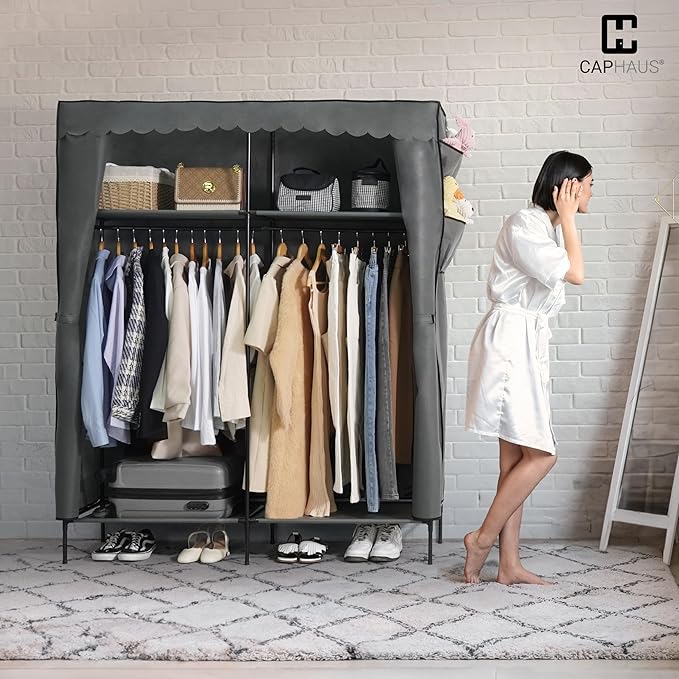 CAPHAUS 55-Inch Clothing Rack with Cover, Portable Closet Wardrobe, Covered Garment Rack for Hanging Clothes, 190LB Capacity 