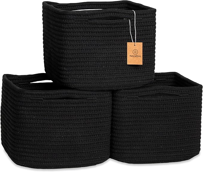 NaturalCozy Storage Cubes 9”x9”x7”Cotton Rope Woven Baskets for Organizing 3-Pack | 9 Inch Cube Storage Bin | Small Basket fo
