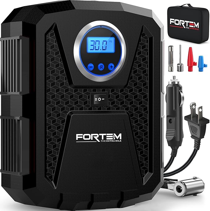 FORTEM Tire Inflator Portable Air Compressor, Air Pump for Car Tires and Bikes, Car Tire Pump w/Auto Shut Off, 150 PSI, 110V AC 12V DC, LED Light, Carrying Case, for Men, Women