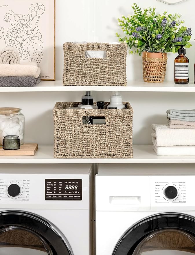StorageWorks Wicker Storage Baskets, Handwoven Seagrass Basket for Organizing, Decorative Wicker Baskets with Built-in Handle