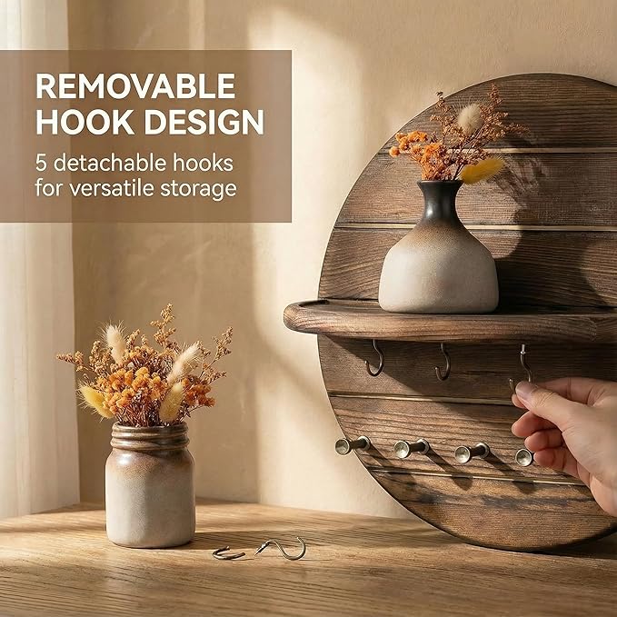 Rebee Vision Pine Wood Key Holder Wall Mount – Rustic Wooden Key Hooks for Wall with Shelf – Decorative Mail Organizer, Coat 