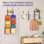 SWTYMIKI Over The Door Purse Organizer - Wall Mounted Purse Rack with 10 Hooks and Metal Basket, Handbag Hanger Organizer Hol