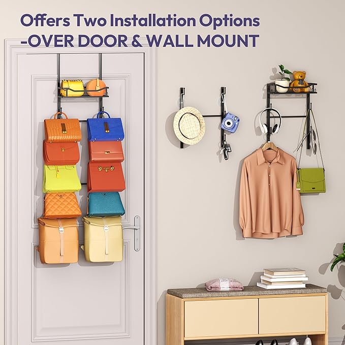 SWTYMIKI Over The Door Purse Organizer - Wall Mounted Purse Rack with 10 Hooks and Metal Basket, Handbag Hanger Organizer Hol