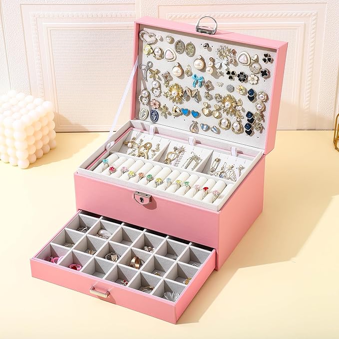 BOOVO Earring Jewelry Box For Women Girl Stud Organizer, 5 Layers Girl Jewelry Organizer Box With Lock Earring Holder Organiz