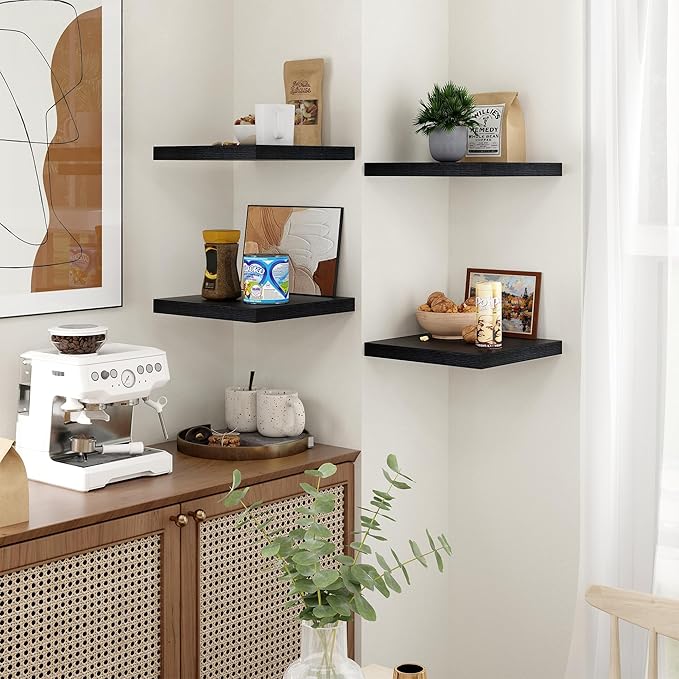 Fun Memories Floating Shelves for Wall - 12 Inch Square Shelves with Invisible Brackets, Black Small Wall Shelf for Living Ro
