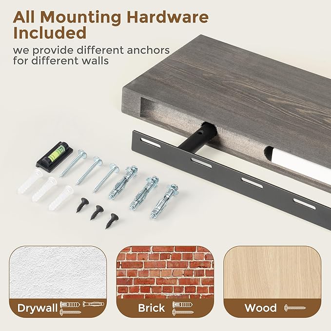 Marsmiles Wood Floating Shelves for Wall - 24 Inch Grey Wood Floating Shelves Set of 2-24 Inch Wide x 7.7 Inch Deep x 1.6 Inc
